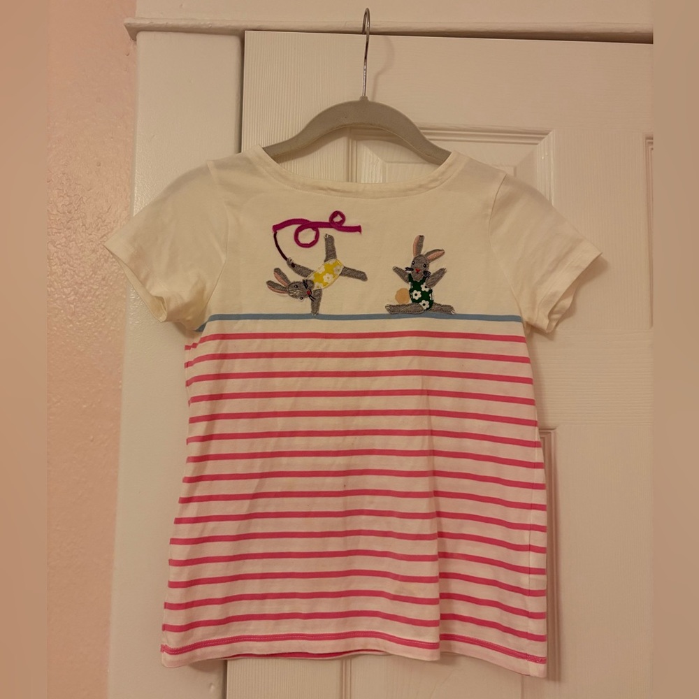 Mini Boden Girls Striped Bunny Shirt - Cream and Pink 8-9 years